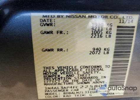 2015 Nissan Altima 2.5 from USA, damaged, VIN 1N4AL3AP4FC225804